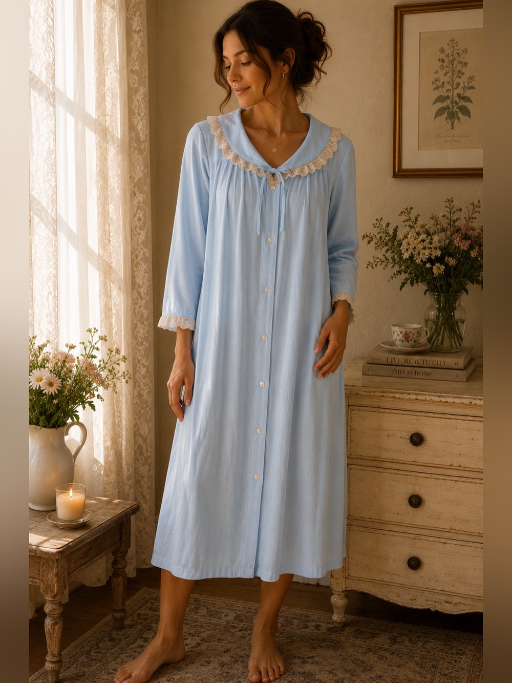 Vintage Evette Baby Blue Button Front Nightgown Robe Lace Large Made in USA